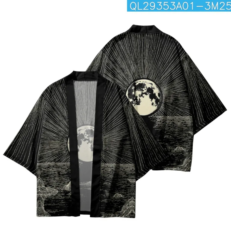 

Summer Japanese Loose Harajuku Striped Landscape Printed Kimono Cardigan Cropped Pants Women Men Cosplay Yukata