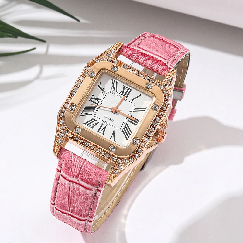 6PCS Women Watch Pink Leather Band Ladies Watches Fashion Casual Quartz Wristwatch Butterfly Design Ring Necklace Earrings Watch