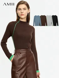 Amii Minimalism 2025 Autumn Women Sweaters Simple Long Sleeve Pullovers Slim Patchwork Sweaters Splice Knitted Tops 12423127