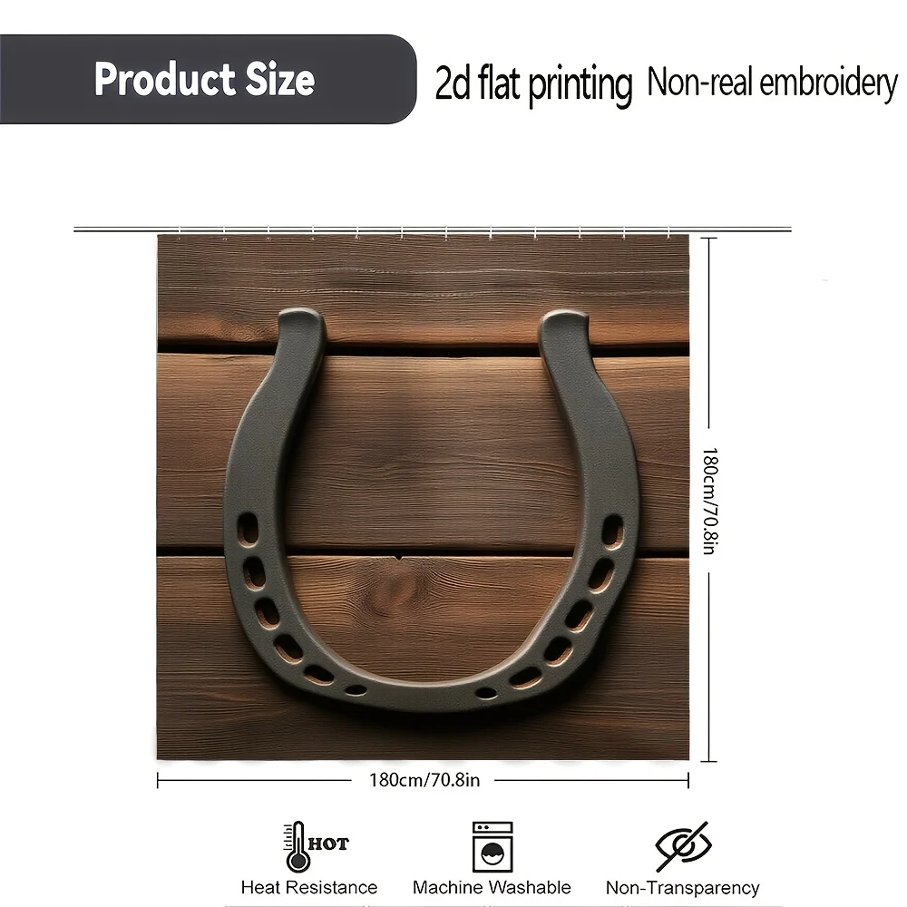 Rustic Wood Horseshoe Design Shower Curtain Waterproof Bathroom Curtain Decoration Farmhouse Style Shower Screen 180x180cm