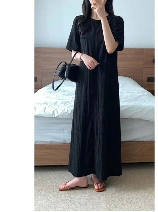Chic Simple round Neck A-Line Dress Women's Summer New Loose Lazy Style Knee-Length Long Dress Korean Style Commute Dress