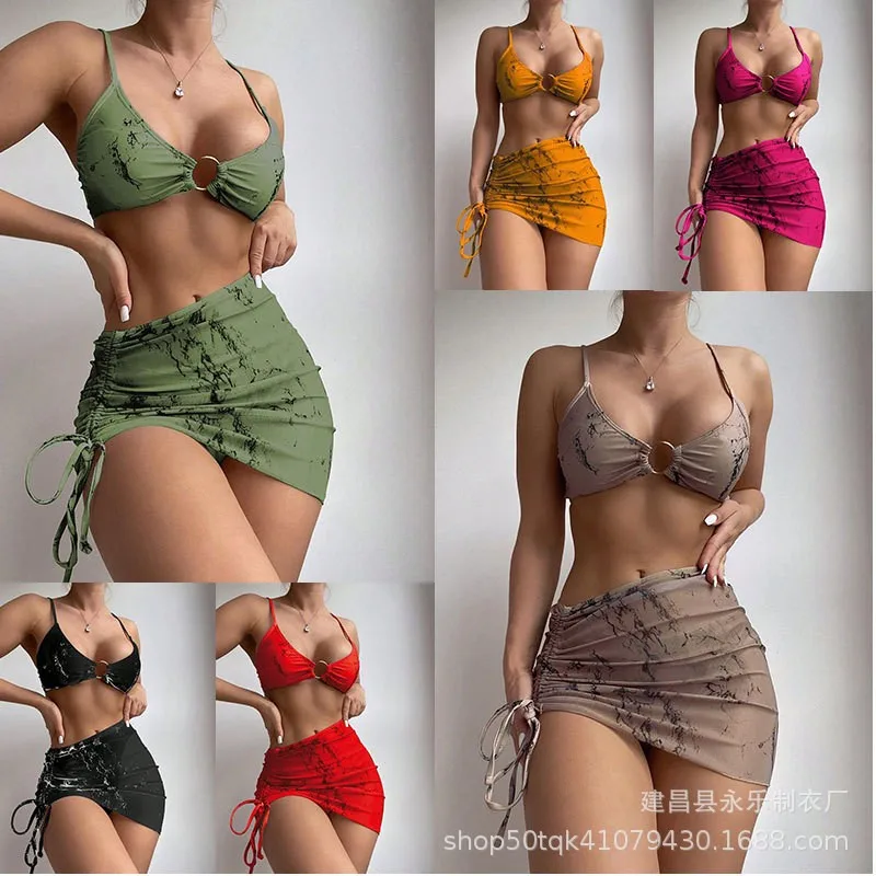 Woman 2026 Bikini Printed Crop Neck Bikinis Ruched Waist Side Tie Swimwear Marble Print Metal Ring Detail Two Piece Sets