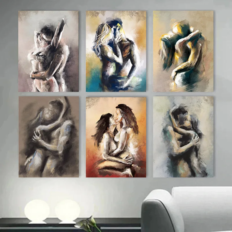 Couple Kiss Hug Abstract Erotic Nude Lovers Embracing Fantasy Sexual Poster Wall Art Pictures Canvas Painting Room Home Decor