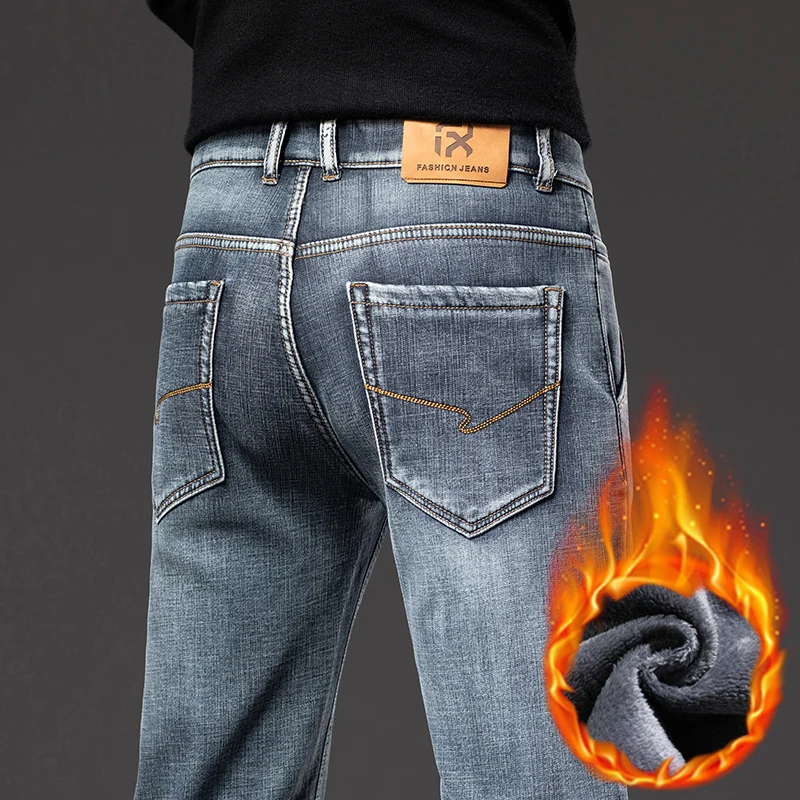 

Mens Warm Velvet Winter Jeans Blue Grey Pocket Zipper Design Fleece Thicken Denim Trousers Stretch Casual Cargo Jean Pants
