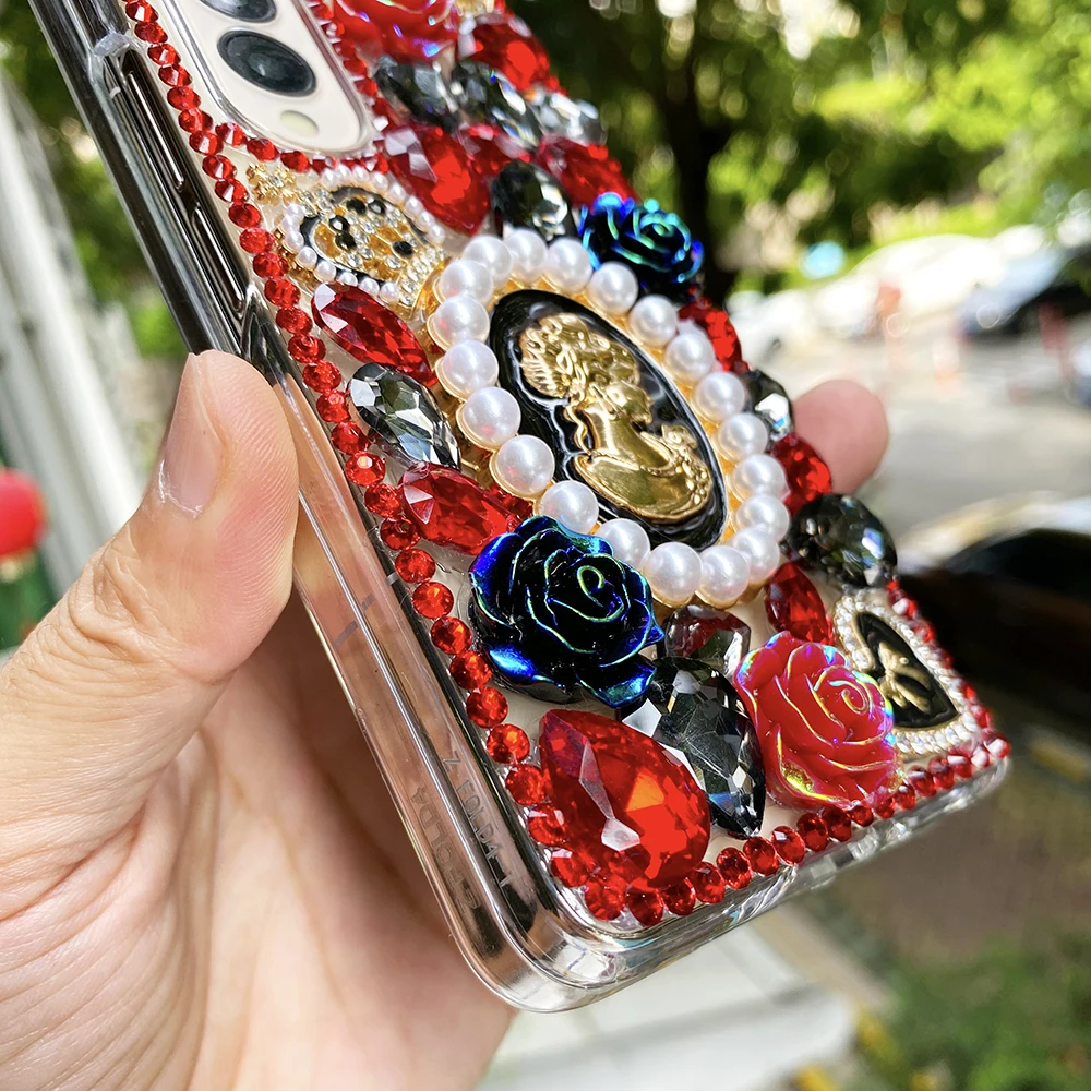 Bling Rhinestone 3D Red and Black Rose Heart Hard PC Phone Cover for Samsung Galaxy Z Fold 7 6 5 4 3 2 Case
