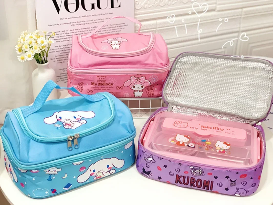 Sanrio hello kitty tas kotak makan siang kuromi lapisan ganda tas isolasi termal tas penyimpanan kotak makan siang tas Bento tas tangan siswa