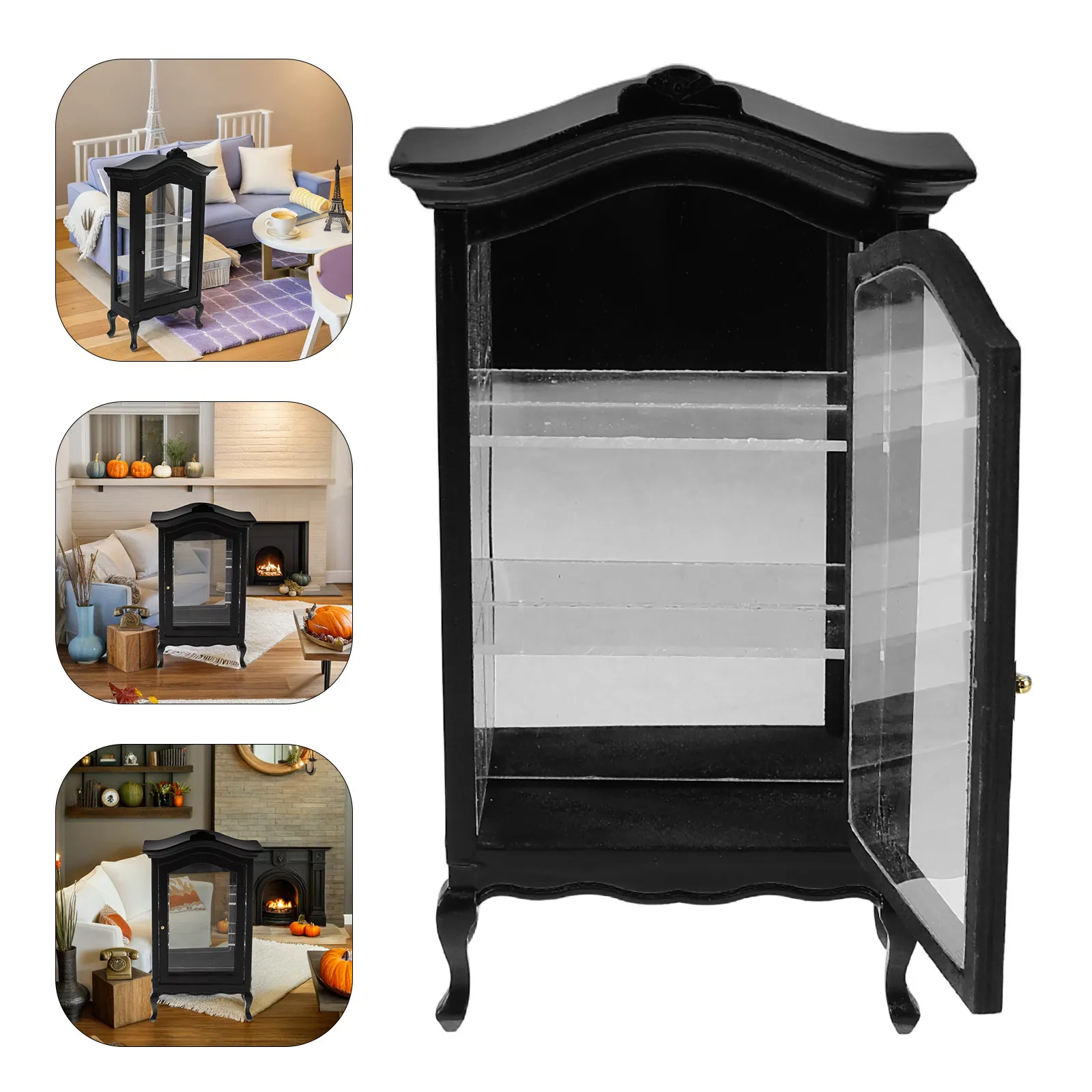 

Miniature Furniture Cabinet 1:12 Scale Wooden Curved Top Display Shelf for Dollhouse Living Room Decoration Dollhouse