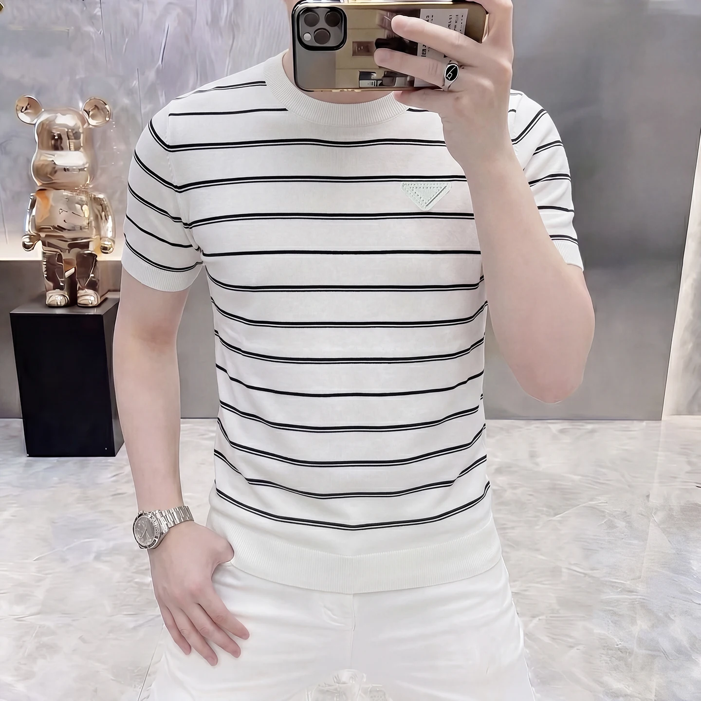 Striped Knitwear High-End T Shirt For Men Short Sleeve Stretchy Summer Quality Viscose Blend Comfortable Fit Camisetas De Hombre