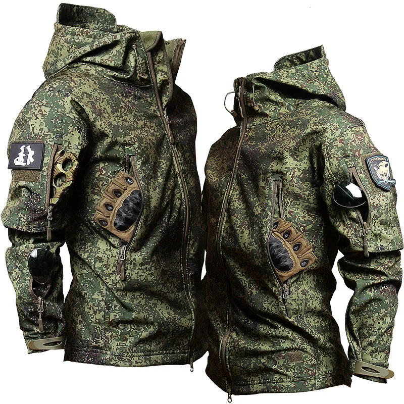 RU Camo Waterproof 3 Pcs Sets Men Winter Fleece Hooded Jacket+Breathable Long Sleeve Tshirts+Straight Cargo Pant Soft Shell Suit