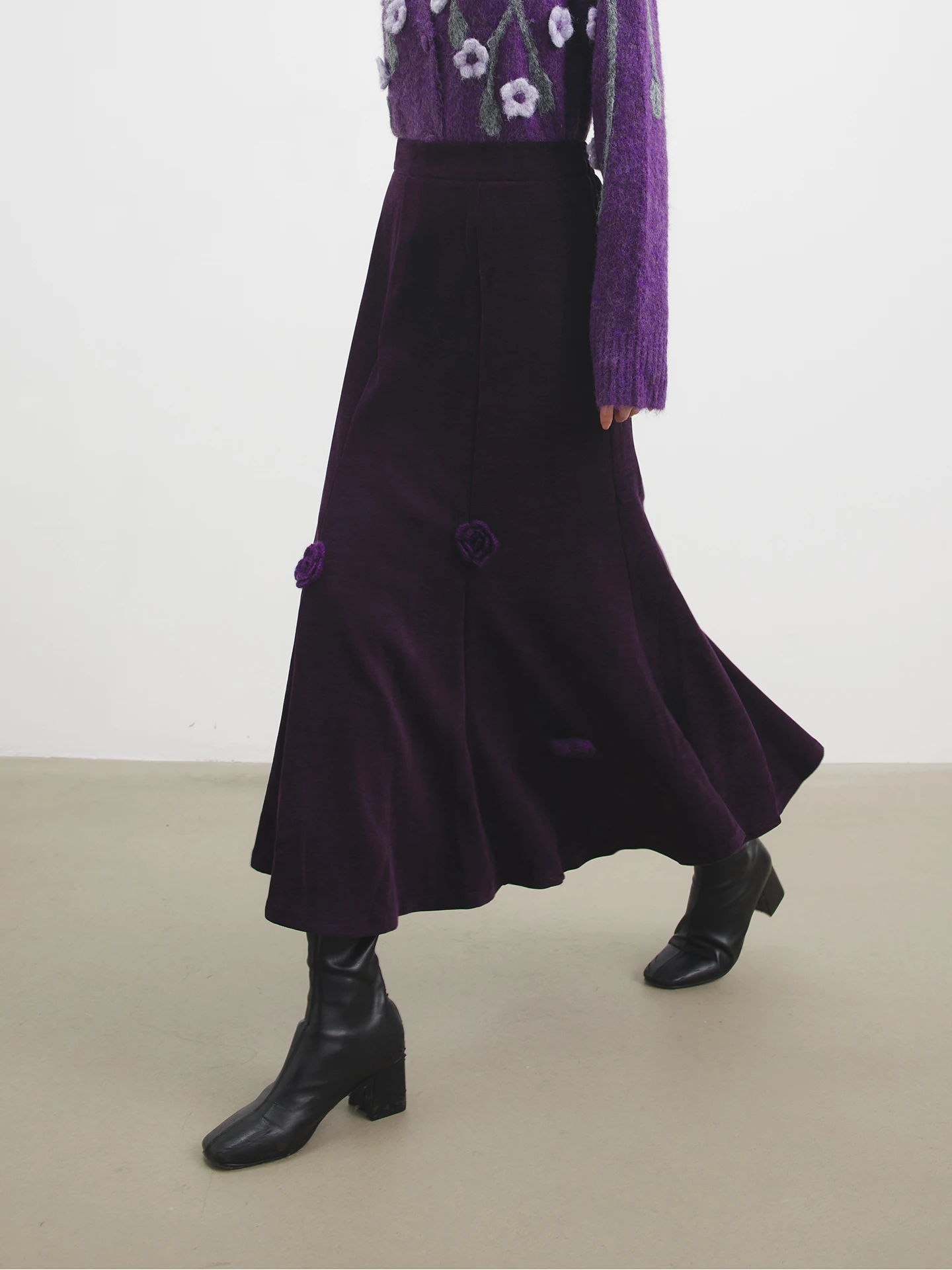 

Annata Purple Flower Corduroy Fi Tail f Skirt Women's Autumn Winter A-Line Long Skirt High Waist Commute Simple Sle