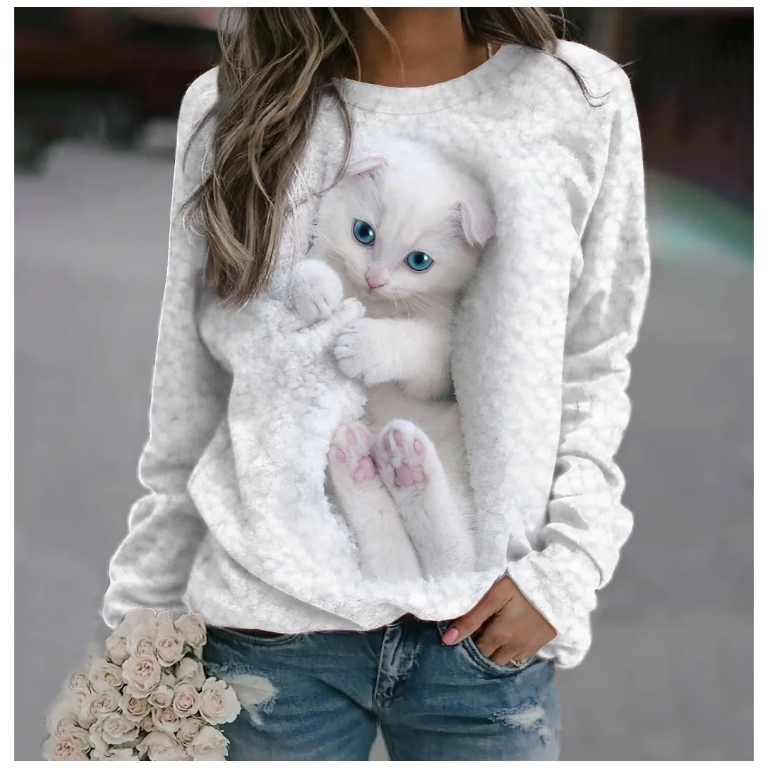 Women's Sweatshirt Pullover Cat Street Casual White Sports Basic Round Neck Long Sleeve Micro-elastic Fall & Winter Pull On Tops