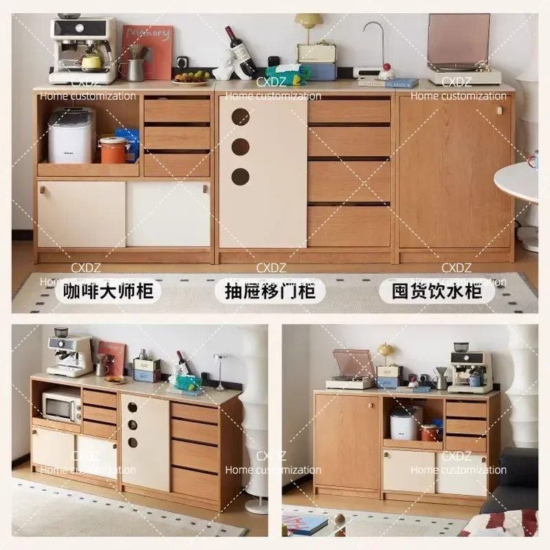 Nordic Style Tenon and Mortise Module Dining Side Cabinet Cherry Wood Small Apartment Floor to Ceiling Coffee Bar Rock Slab