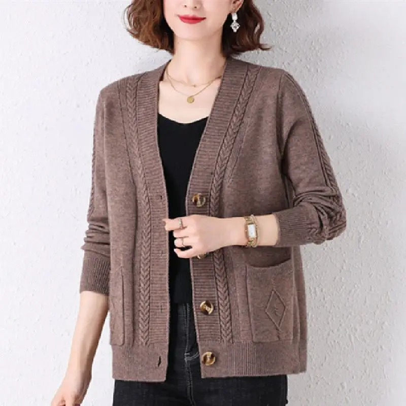 

Autumn Woman Vintage Cardigans Sweaters Coat All-match Solid Knit Button Long Sleeve V-Neck Loose Casual Fashion Jumpers