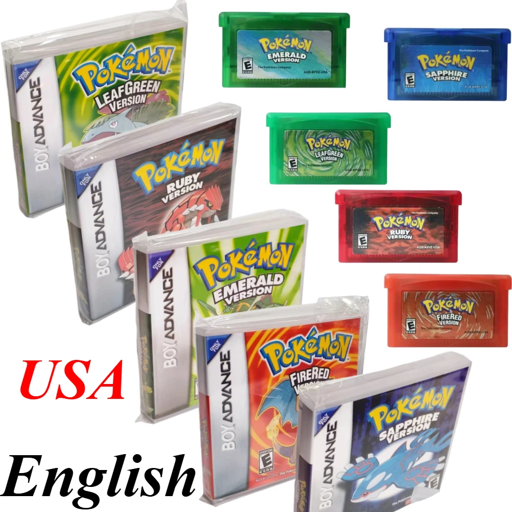 English Pokémon 32 Bit Video GBA Game Card Bundle USA Version Ruby Sapphire Emerald FireRed LeafGreen Gameboy Advance Cartridge