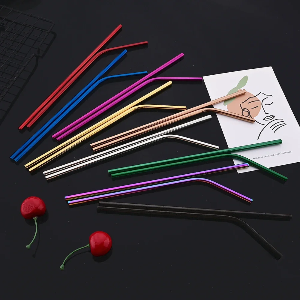 20Pcs Stainless Steel Straw Set Straight Curved Drinking Straw Set Juice Milk Tea Straw Bar Party Kitchen Accessories