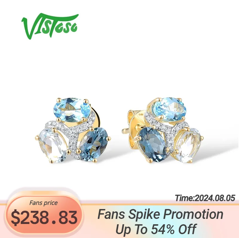 

VISTOSO Authentic 14K 585 Yellow Gold Stud Earrings For Women Sparkling Diamonds Swiss Blue Topaz Delicate Wedding Fine Jewelry