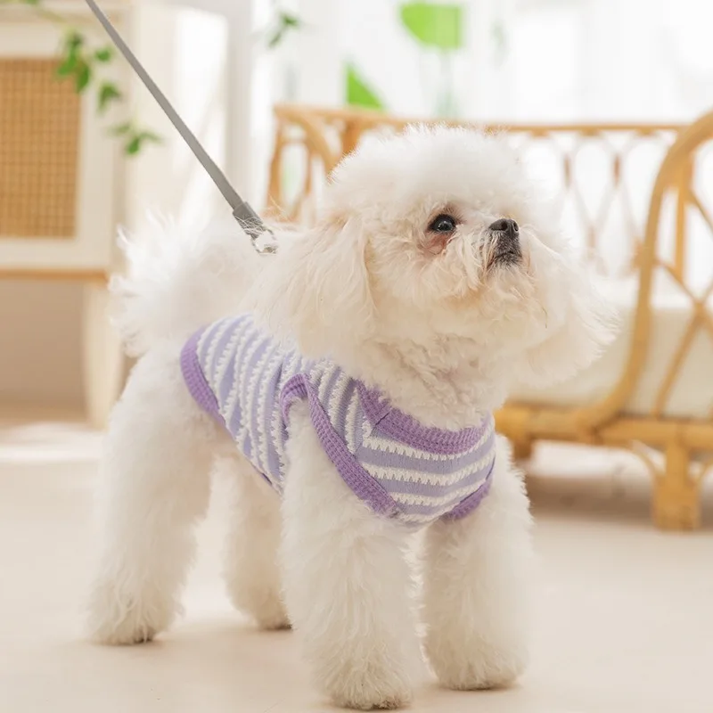 Summer Hollow Out Traction Dog Vest Small Dog Striped T-Shirt Pet Sleeveless Clothes Teddy Casual Clothes with Leash Buckle