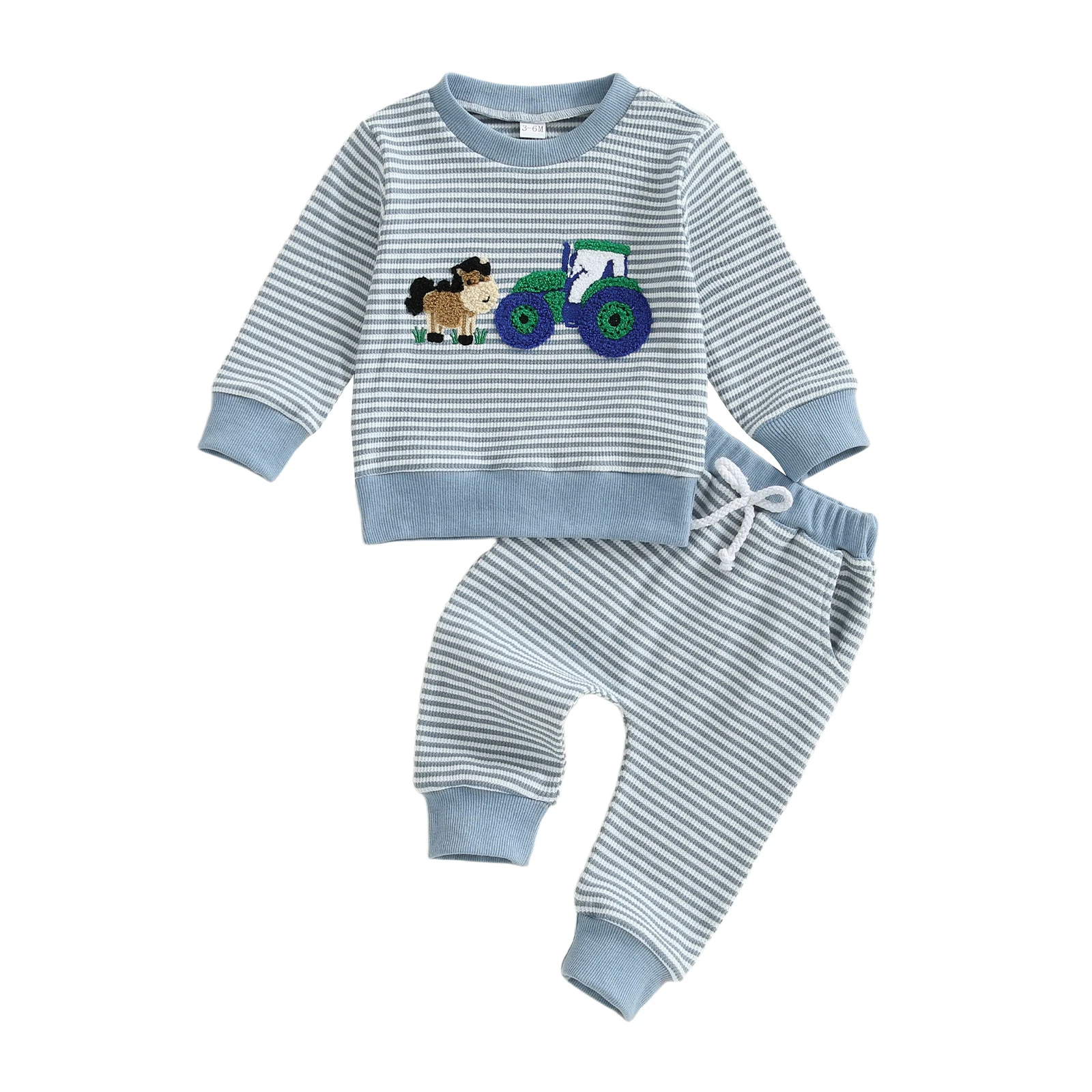 

Toddler Boy Fall Clothes Animal Embroidery Long Sleeve Stripe Pullover Elastic Waist Pants 2Pcs Outfit