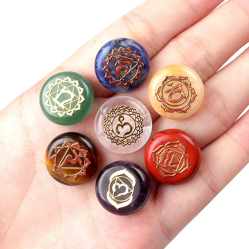 7 pièces/ensemble pierre naturelle sept couleurs perles de pierre pièce ronde guérison cristal symbole ornements bijoux cadeaux