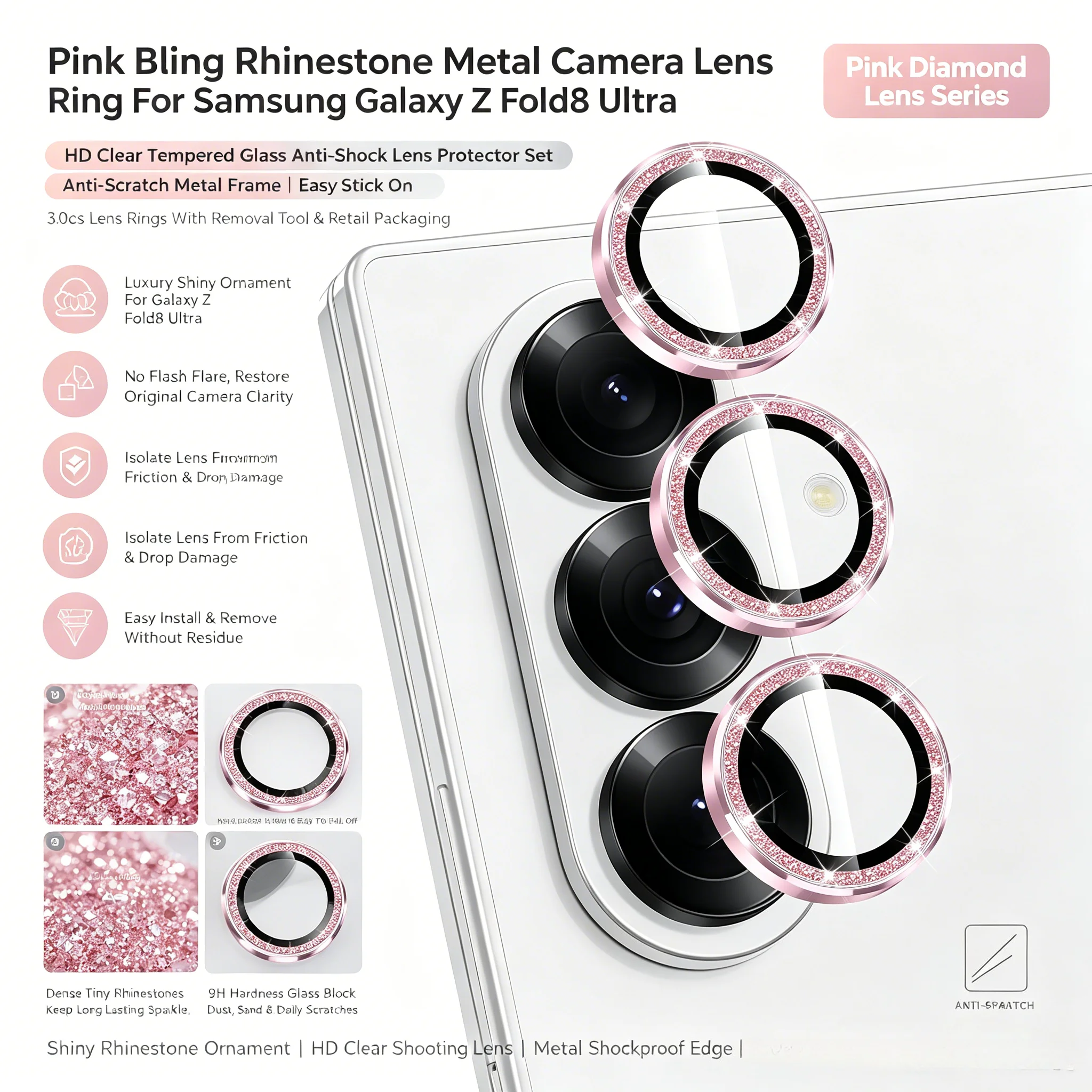 Sparkling Metal Ring Glitter Lens Protector Film For Samsung Galaxy Z Fold 8 Ultra Anti-scratch Definition Glass Lens Cap