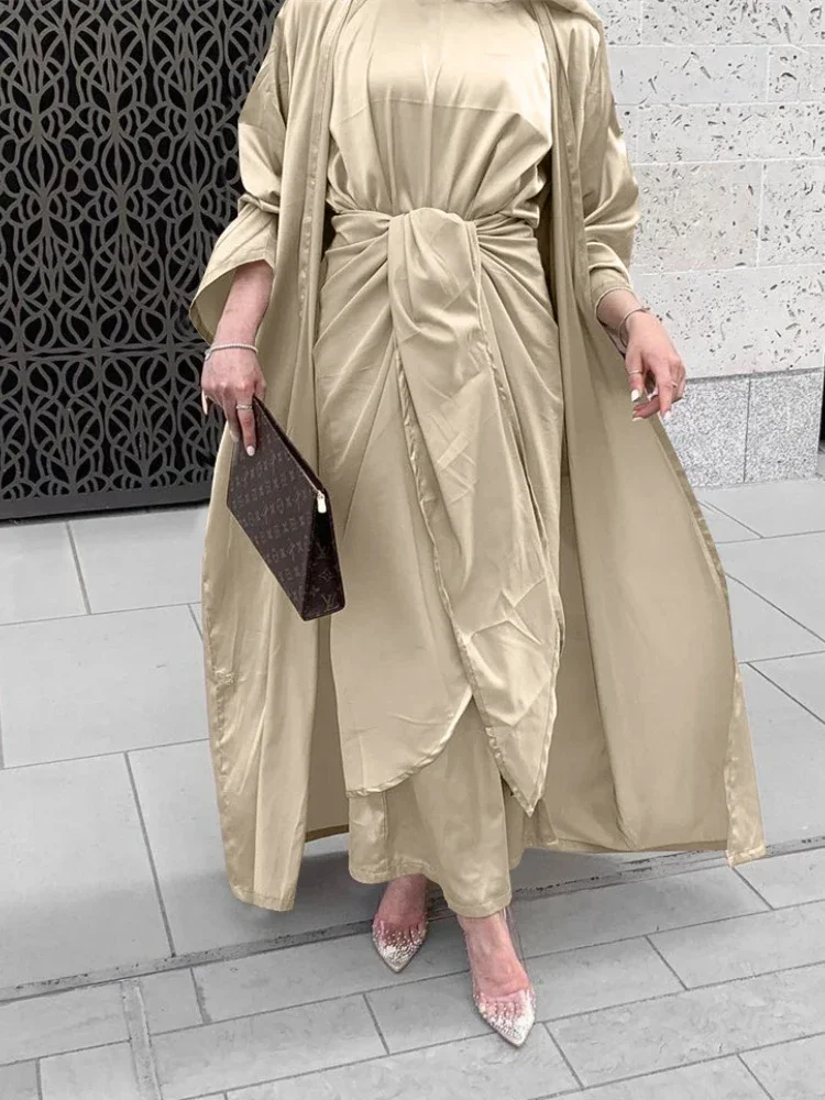 Eid Muslim 3 Piece Abaya Dress Set Women Morocco Party Dresses Belted Kaftan V-neck Maxi Prayer Abayas Maxi Long Vestidos 2026