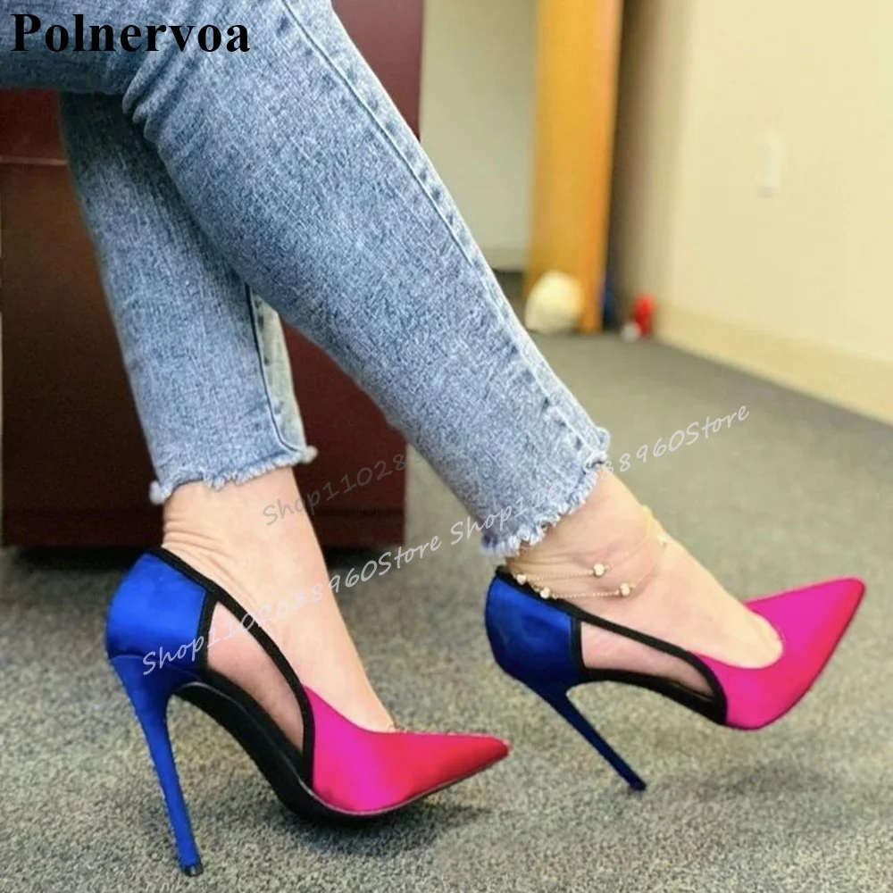 

Mixed Color S[licing Shallow Hollow Pumps Thin High Heel Shoes For Women Slip On Pointed Toe 2025 Fashion Zapatos Para Mujere