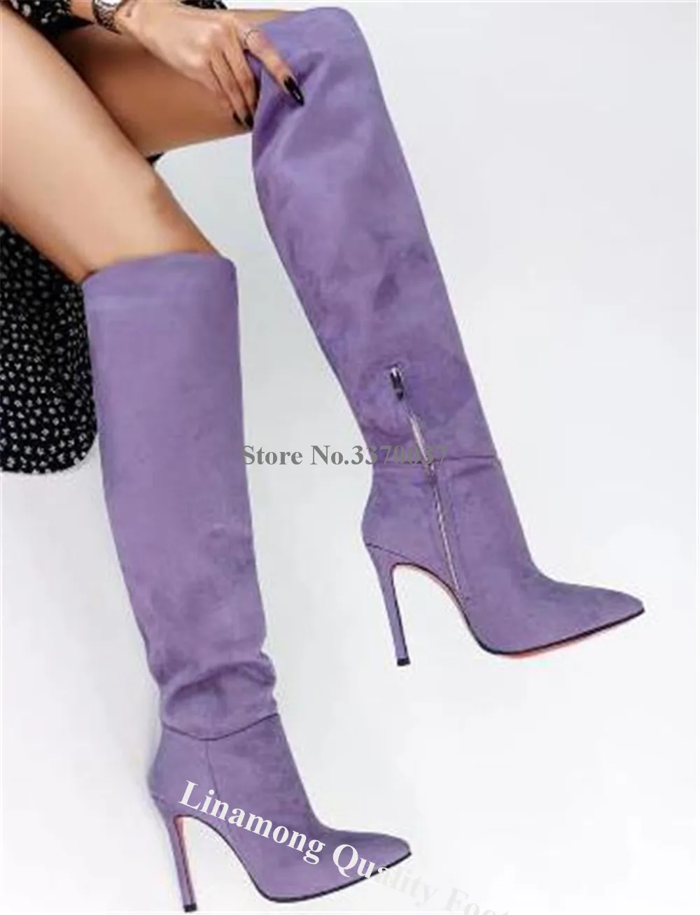 Linamong Purple Suede Thin Heel Knee High Boots Elegant Pointed Toe Stiletto Heel Long Boots Party Dress Heels Big Size