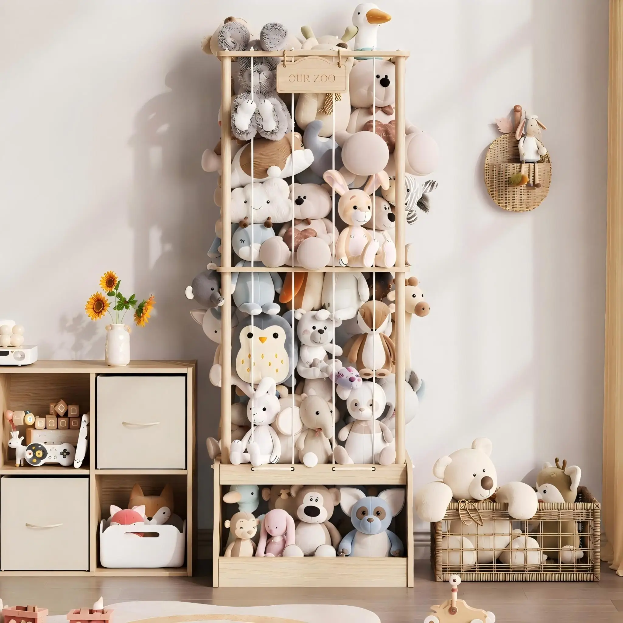 Organizzatore verticale per peluche in legno di pino, con cinghie elastiche rinforzate e ampio cassetto aperto, ideale per riporre i peluche in camera da letto dei bambini, nella stanza dei giochi,