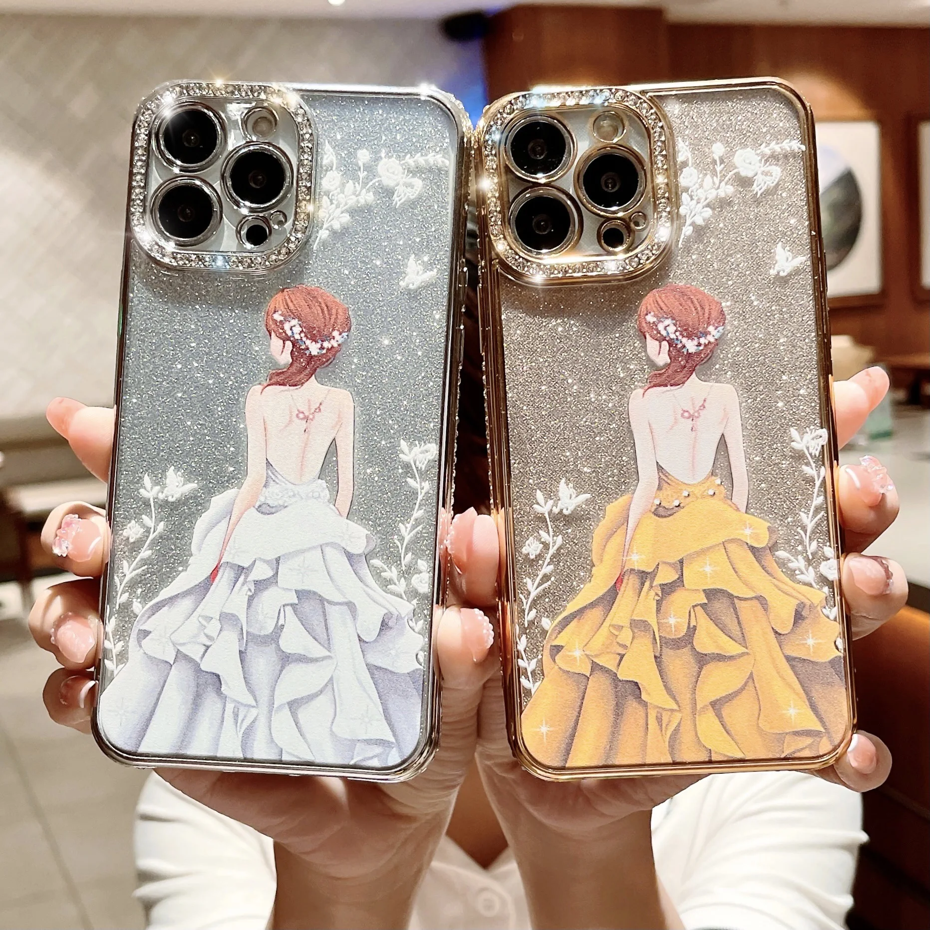 

Romantic Back Girl Glitter Diamond Border Phone Case For iPhone 15 14Plus 13 12 11ProMax XR X Plating Anti-fall Protective Cover