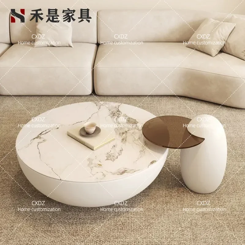 Modern Minimalist Round Coffee Table Set Rock Slab Top Cream Color Living Room Furniture High End Light Luxury Design