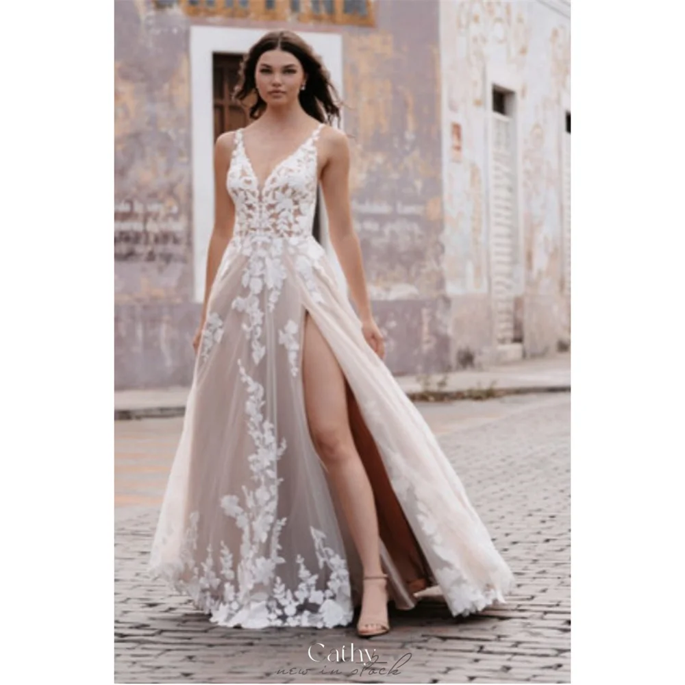 Cathy White Side Split A-line فساتين سهرة Tulle V Neck Floral Vestidos De Noiva Spaghetti Strap Sleeveless robe de mariée 2024