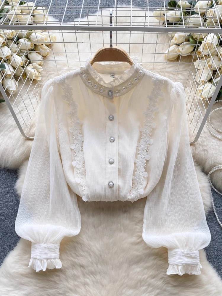 

French Vintage Blouses Solid Color Tops Stand Neck Lantren Sleeve Beading Lace Patchwork Shirts Spring Elegant Women's Clothing