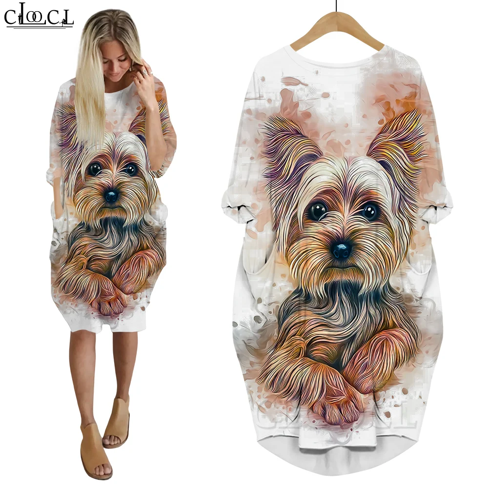 CLOOCL Women's Dress Streetwear Long Sleeves Pocket Mini Dress Loose Short Dresses Dog Holds Football Print Pullover Dress