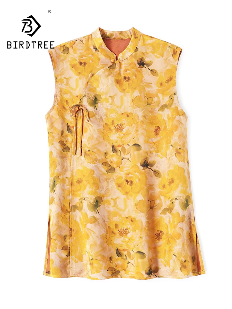 BirdTree-32MM Silk Elegant Shirt, Stand Sleeveless Floral Tassel, Women Retro Commute Loose Blouse, 2026 Summer New T67059CC