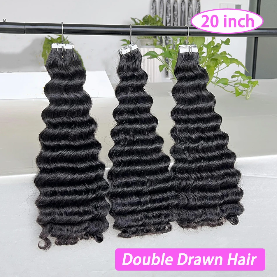 PU Tape In Human Hair Extensions Double Drawn Deep Wave 4x0.8 cm Seamless Weft Hand Tied Adhesives Tape-Ins Wavy Vietnamese Hair