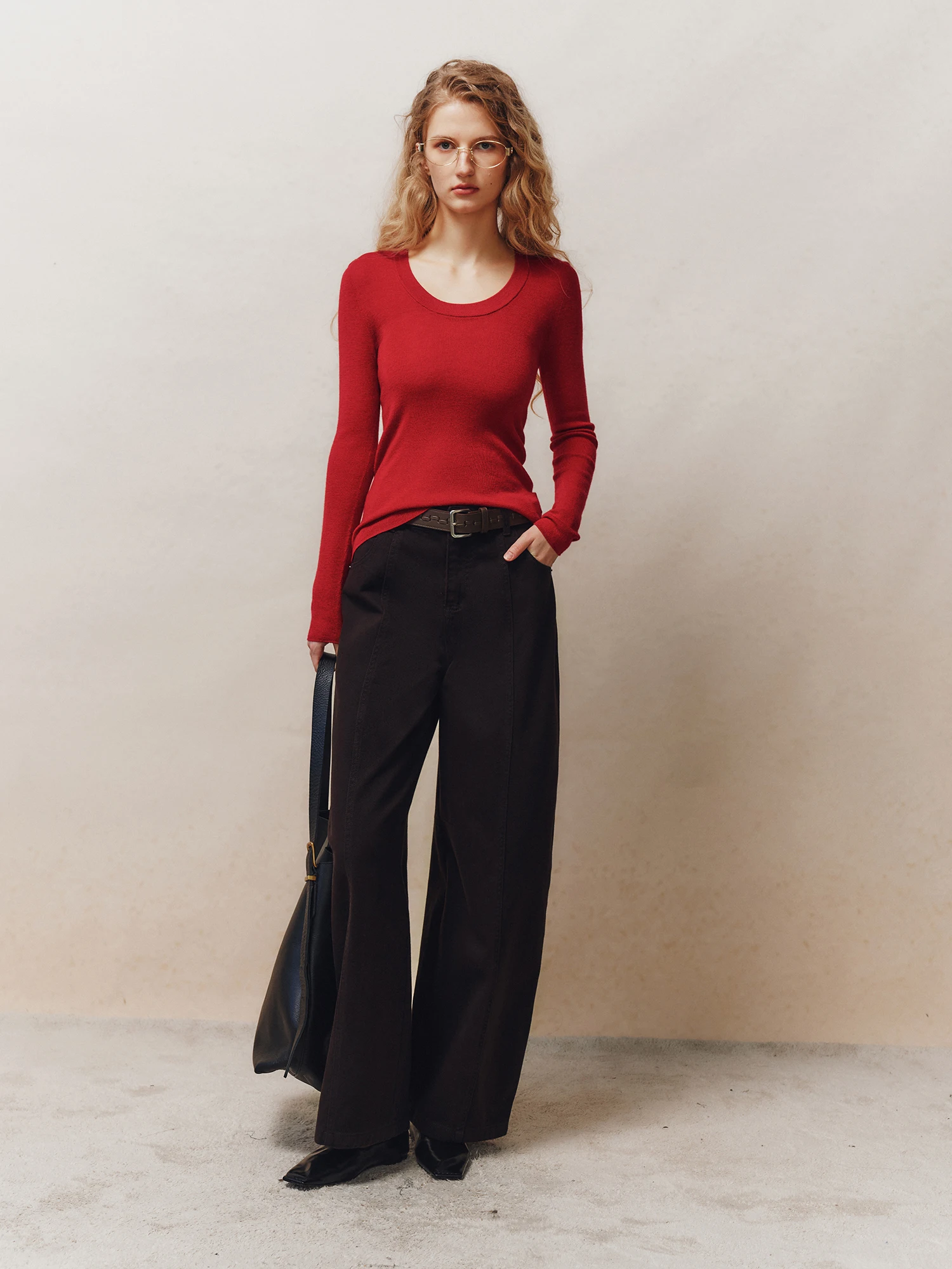 High Waist Wide Leg Casual Pants High Gramage Twill Cotton Asymmetrical Drape Loose Fit Comfortable Women's Fashion