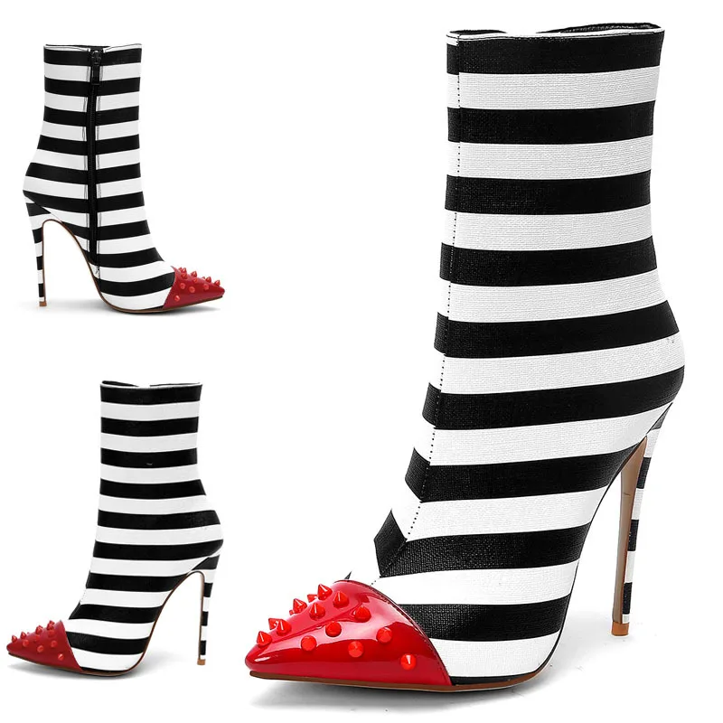 

Red Rivets Studs Pointed Toe Striped Fabric Patchwork Ankle Boots Woman Sexy Thin High Heel Short Boots Women