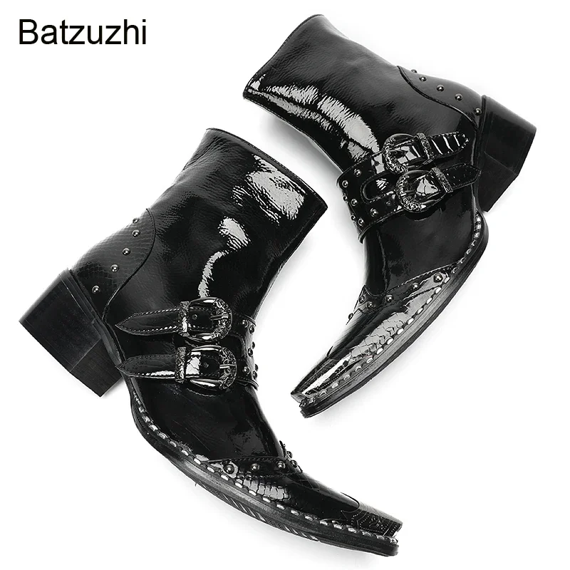 Nuevas botas Rock Western para hombre, botines de cuero negro con punta de hierro a la moda, hebillas, botas de caballero para hombre con cremallera, tallas grandes US6-13
