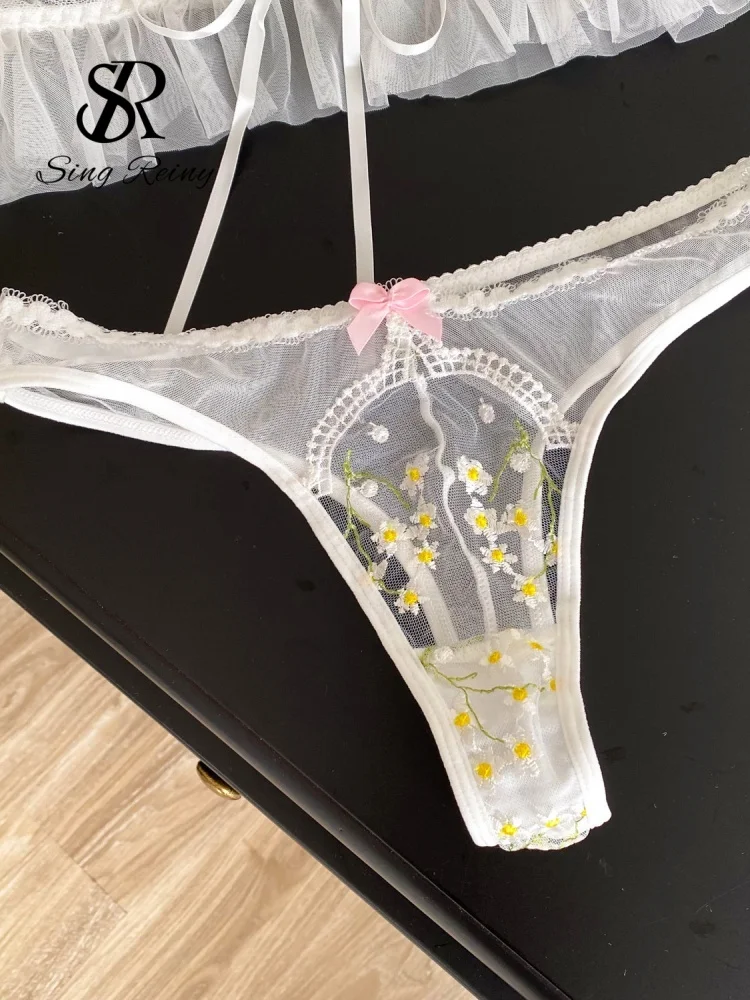 SINGREINY Floral Lace Hotsweet Lingerie Two Piece Sets Women Strap Ruffles Mini Bra+Sheer Thongs Embroidery Mesh Underwear Suits - Image 4