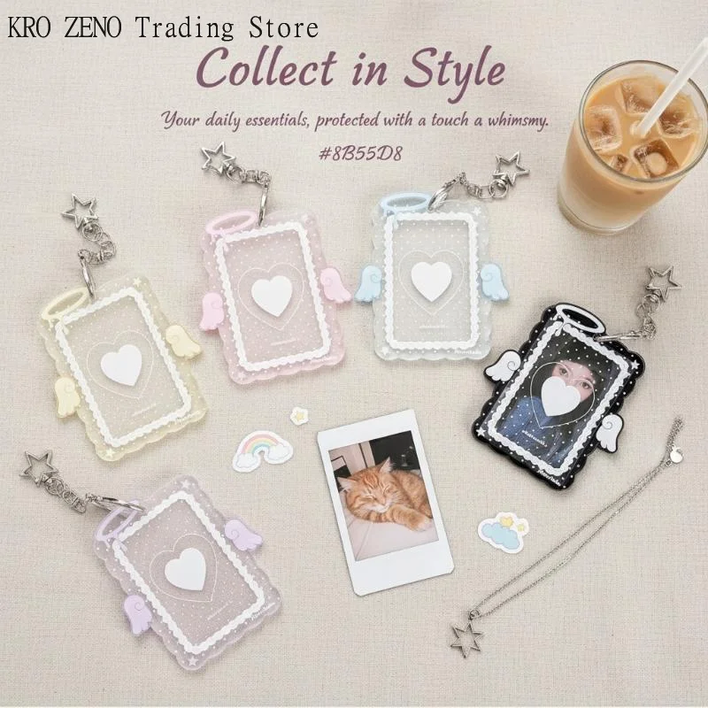 🔝1Pcs (excluding photos) 3 Inch Transparent Acrylic Photocard Holder Cartoon Angel Wing Star Keychain For Kpop Photos ID Cards✨