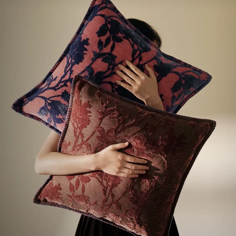 Chinese Flora Pillows Luxury Red Orange Cushion Case Modern Velvet Square Decorative Pillow Cover For Sofa Chair Home Decoration