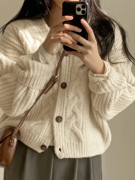 Pink Twist V-Neck Sweater Cardigan Women's Loose Short Style Spring Autumn Knitted Outerwear Soft Cozy Casual Knitwear