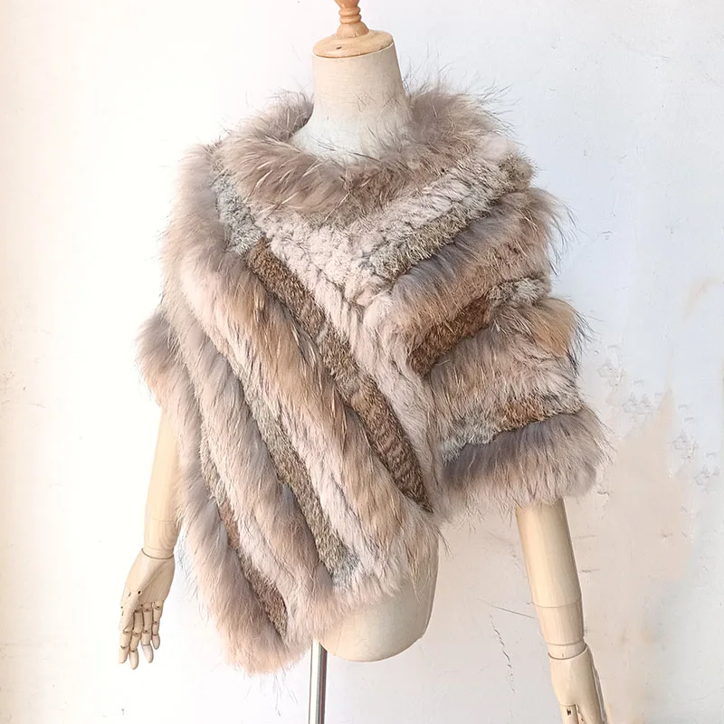 2023 Natural Raccoon Fur Poncho Short Cute Women Casual Genuine Fur Cape Winter Female Natural Rabbit Fur Ponchos