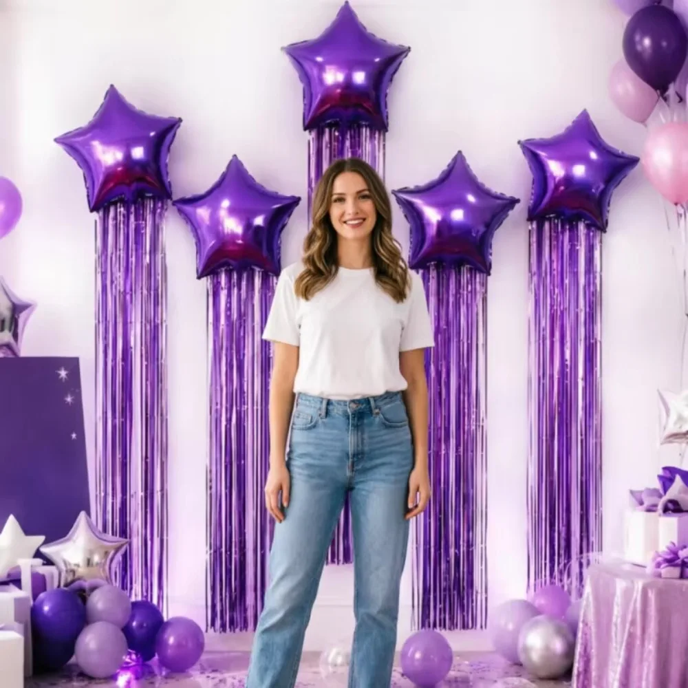 Disco Meteor Party Balloon Set, Including 18-Inch Star Balloons and Purple Fringe Curtains, Perfect for Birthday Party