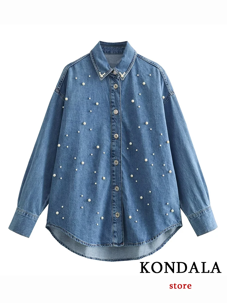 KONDALA New Chic Solid Blue Denim Women Oversized Shirt Fashion 2023 Autumn Casual 3D Jewel Long Sleeve Streetwear Button Blouse