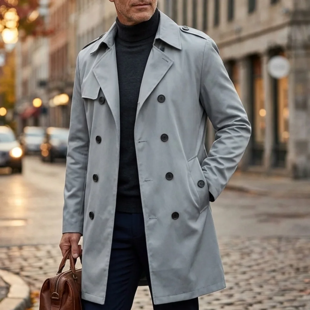 Autumn Men’s Windbreaker Thin Double-breasted Jacket with Epaulettes Outdoor Travel Windbreaker Medium Length Men’s Thin Coat 2 Autumn Men's Windbreaker Thin Double-breasted Jacket with Epaulettes Outdoor Travel Windbreaker Medium Length Men's Thin Coat 2
