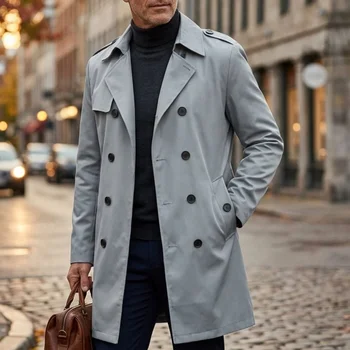Men's Lightweight Double-Breasted Travel Trench Coat 2 Autumn Men's Windbreaker Thin Double-breasted Jacket with Epaulettes Outdoor Travel Windbreaker Medium Length Men's Thin Coat 2