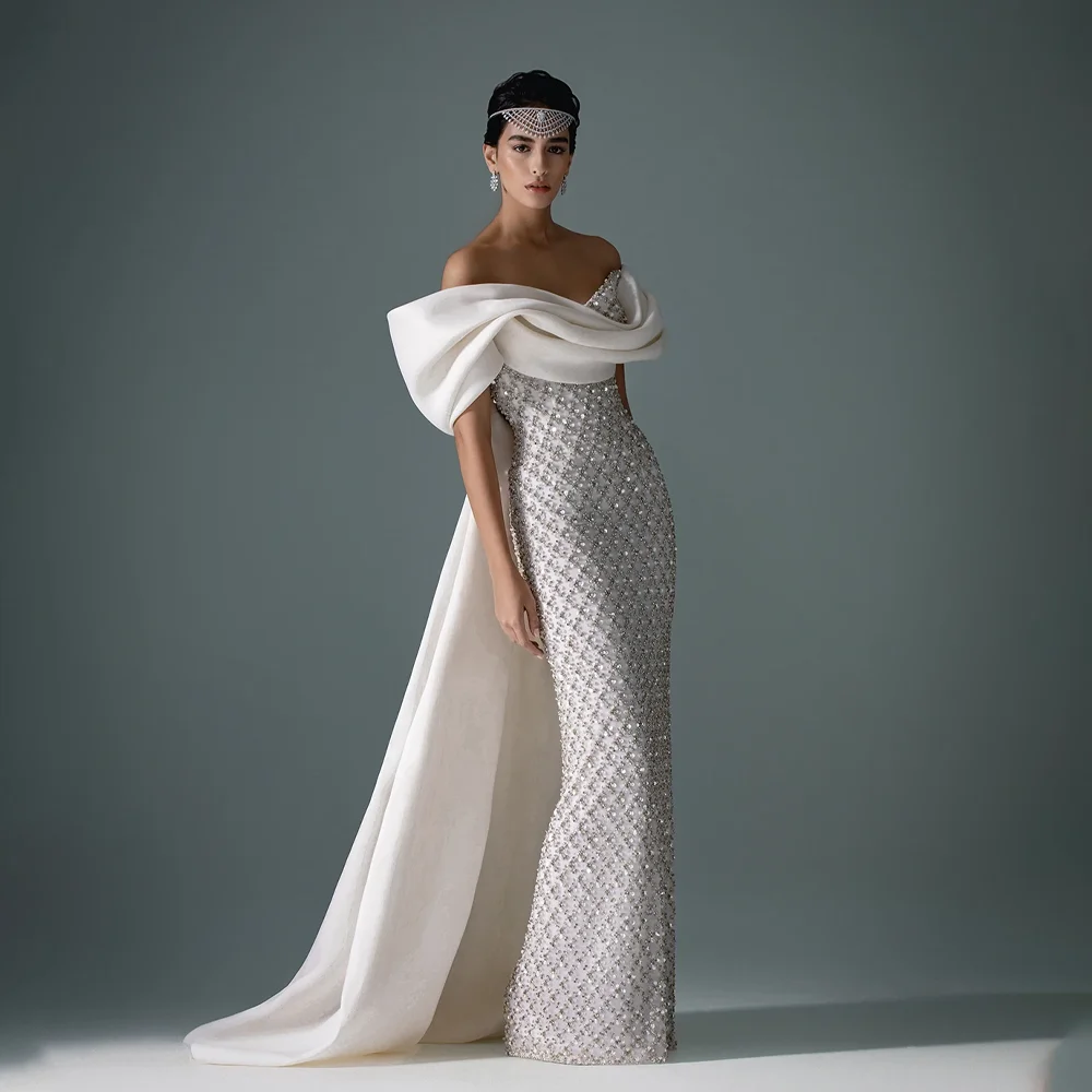 

MANRUIXIN White Off Shoulder Prom Dress Lace Sequins Shiny Customized Luxurious Women Evening Gowns Shawl Vestidos De Fiesta