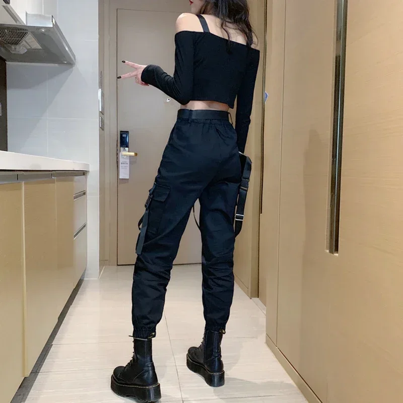 Black Gothic Women Sets 2023 Spring Summer 2 Piece Set Sexy Crop Top Cargo Pants High Waist Trousers Hip Hop Women's clothing