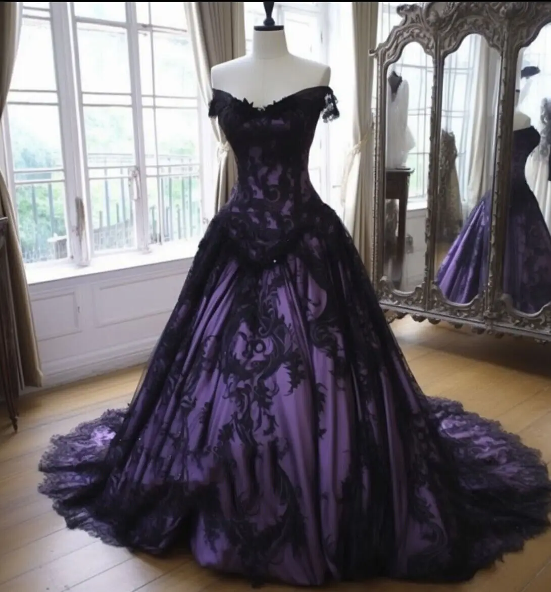 

Gothic Wedding Dress Black And Purple Off the Shoulder Bridal Gowns Lace Appliques Corset Prom Ball Gown Customized